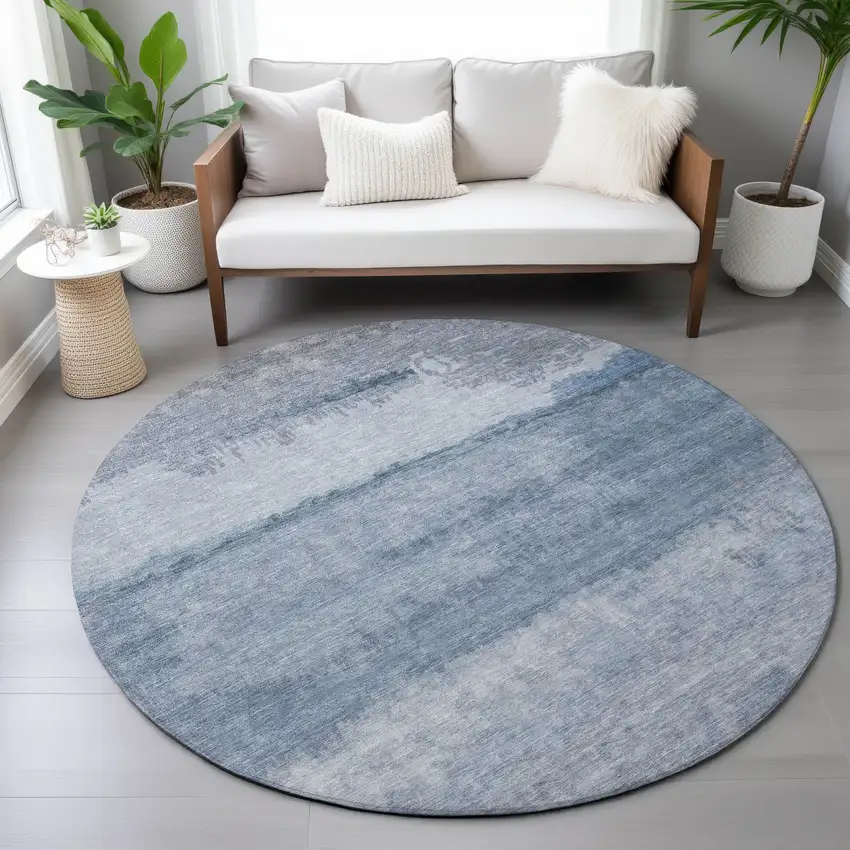 8' Blue Gray And Sky Blue Round Abstract Washable Indoor Outdoor Area Rug Photo 7