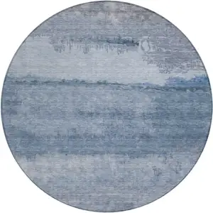 Photo of 8' Blue Gray And Sky Blue Round Abstract Washable Indoor Outdoor Area Rug