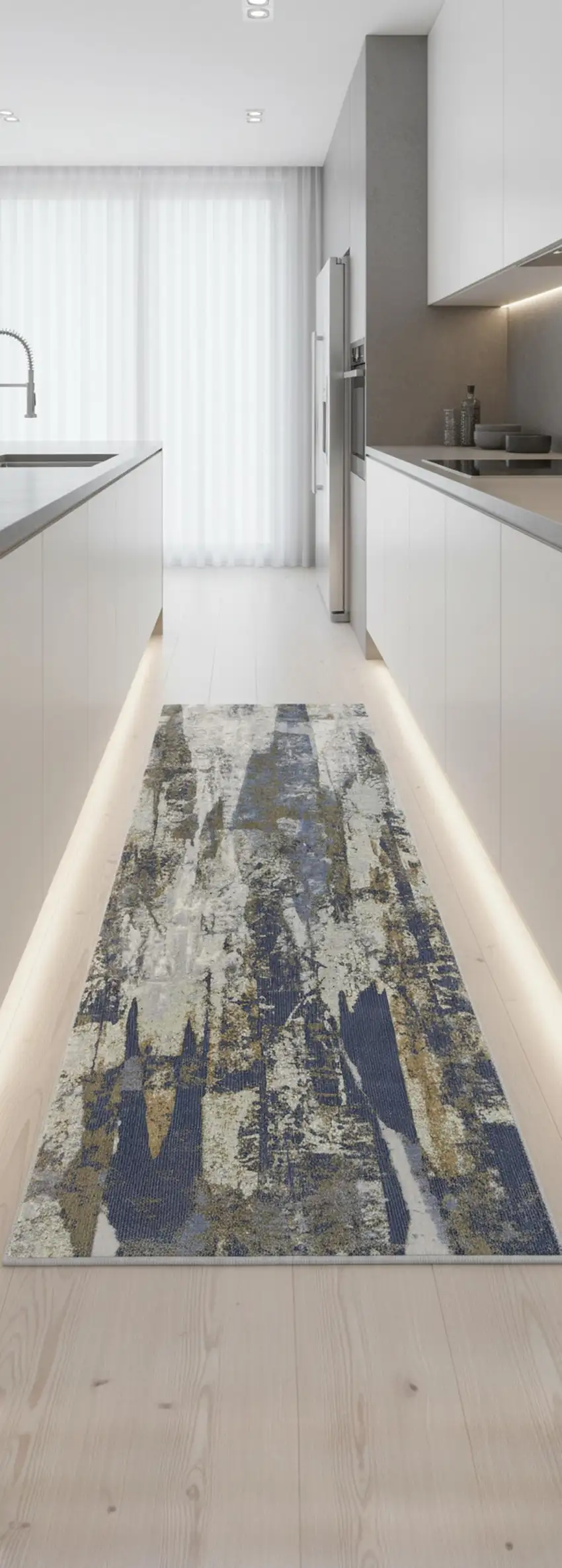 8' Blue Gray And Tan Abstract Power Loom Distressed Runner Rug Photo 1