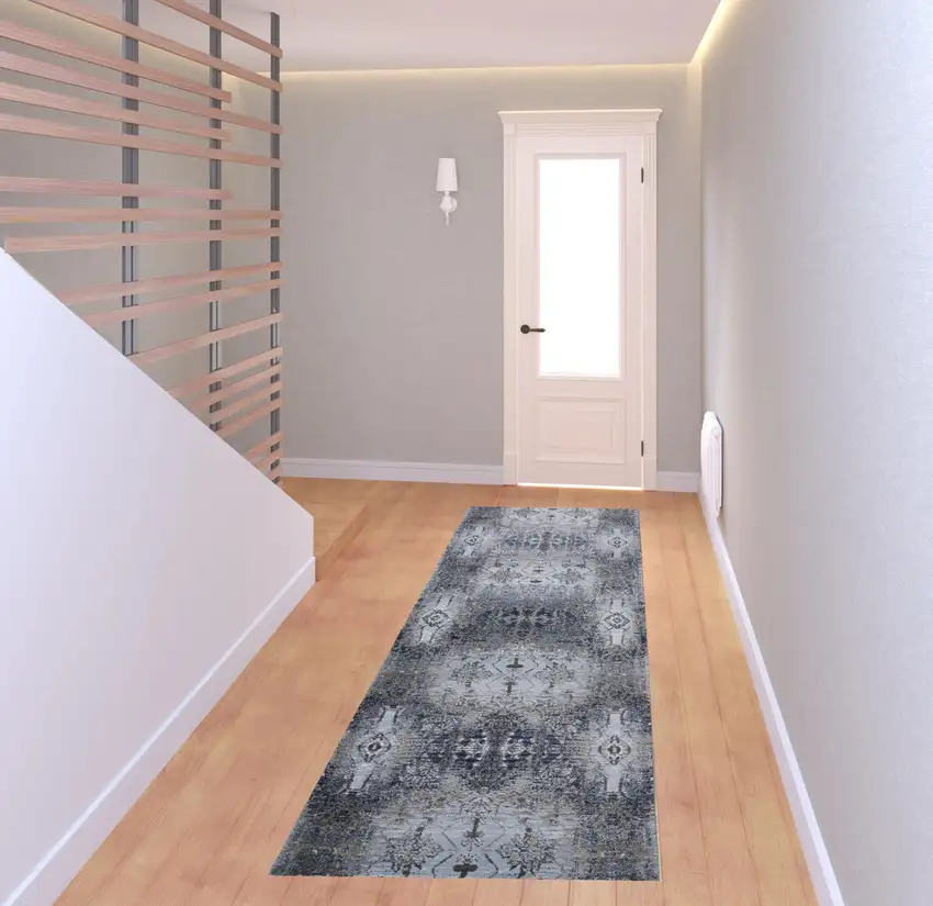 8' Blue Gray And Taupe Abstract Stain Resistant Runner Rug Photo 2