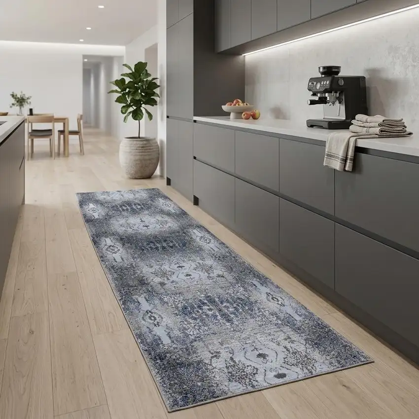 8' Blue Gray And Taupe Abstract Stain Resistant Runner Rug Photo 1