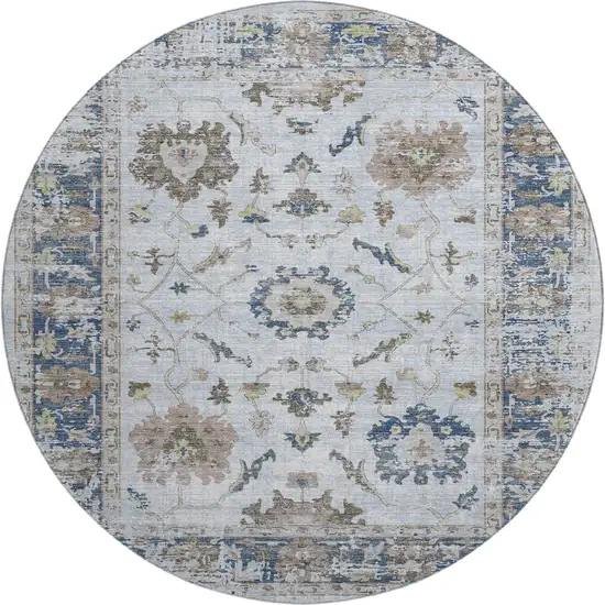 8' Blue Gray And Taupe Oriental Washable Round Rug With UV Protection Photo 1