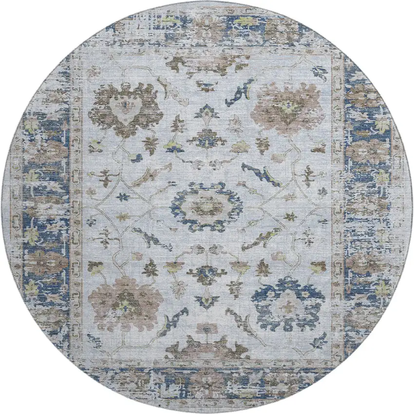 8' Blue Gray And Taupe Oriental Washable Round Rug With UV Protection Photo 1