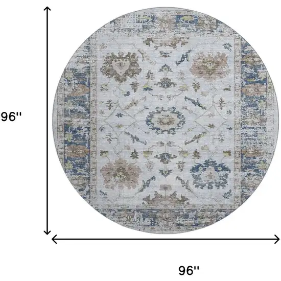 8' Blue Gray And Taupe Oriental Washable Round Rug With UV Protection Photo 9