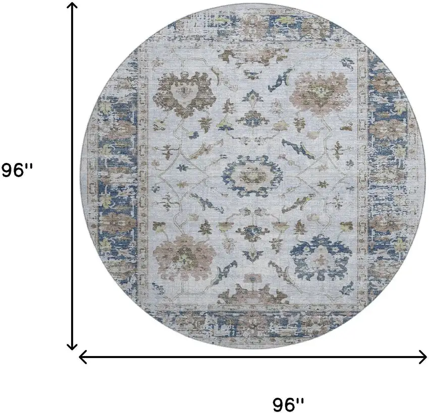 8' Blue Gray And Taupe Oriental Washable Round Rug With UV Protection Photo 9