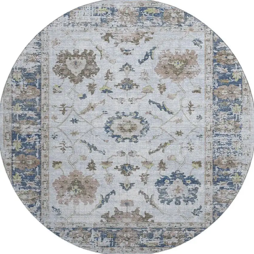 8' Blue Gray And Taupe Oriental Washable Round Rug With UV Protection Photo 4