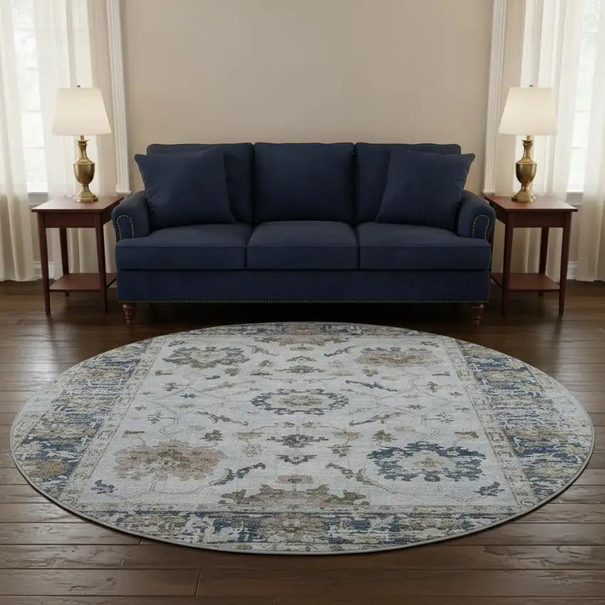 8' Blue Gray And Taupe Oriental Washable Round Rug With UV Protection Photo 2