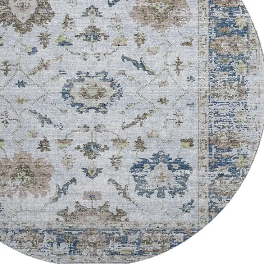 8' Blue Gray And Taupe Oriental Washable Round Rug With UV Protection Photo 3