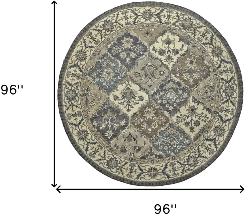 8' Blue Gray And Taupe Round Wool Paisley Tufted Handmade Stain Resistant Area Rug Photo 7