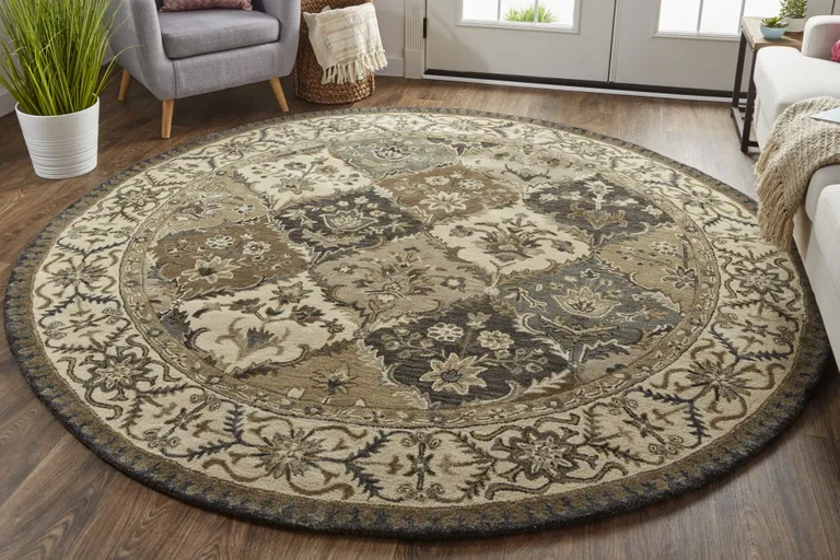 8' Blue Gray And Taupe Round Wool Paisley Tufted Handmade Stain Resistant Area Rug Photo 3