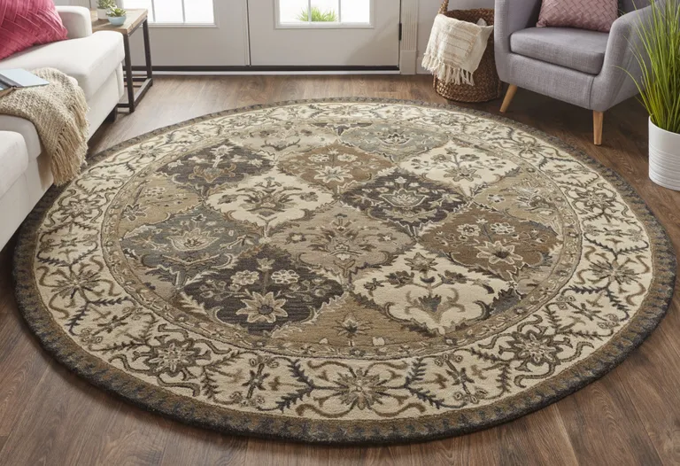 8' Blue Gray And Taupe Round Wool Paisley Tufted Handmade Stain Resistant Area Rug Photo 4