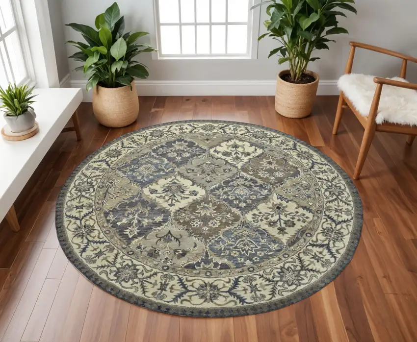 8' Gray Ivory And Blue Wool Floral Hand Tufted Round Rug Photo 1
