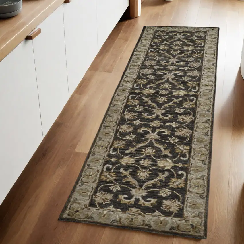 10' Gray and Ivory Wool Floral Hand Tufted Runner Rug Photo 1