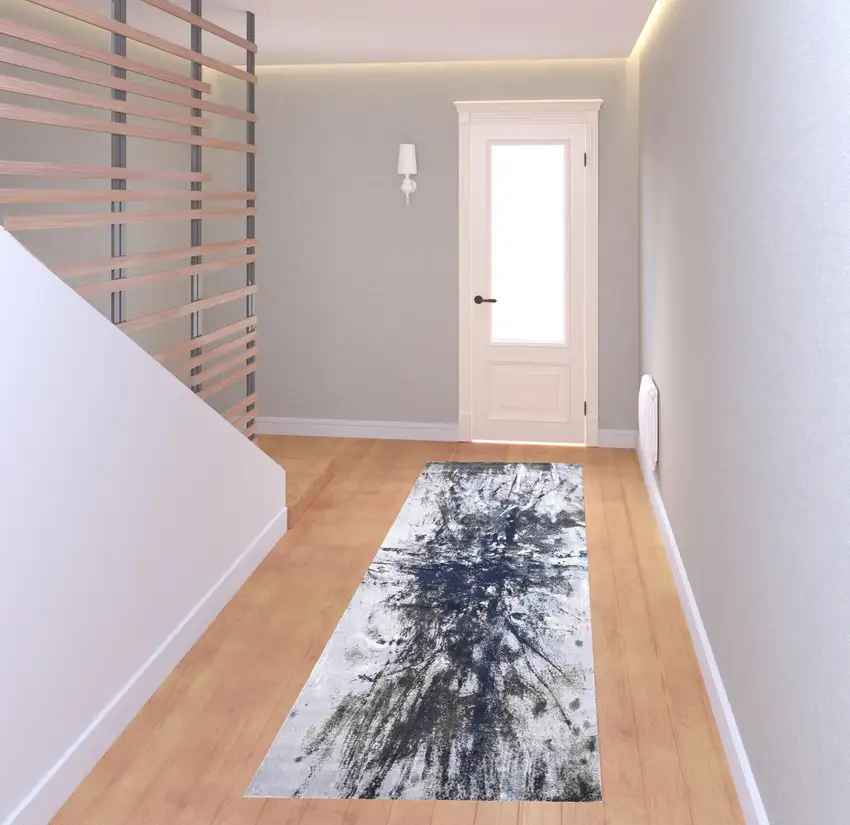8' Blue Gray And White Abstract Stain Resistant Runner Rug Photo 2