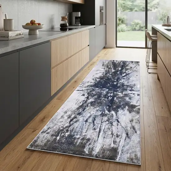 8' Blue Gray And White Abstract Stain Resistant Runner Rug Photo 1