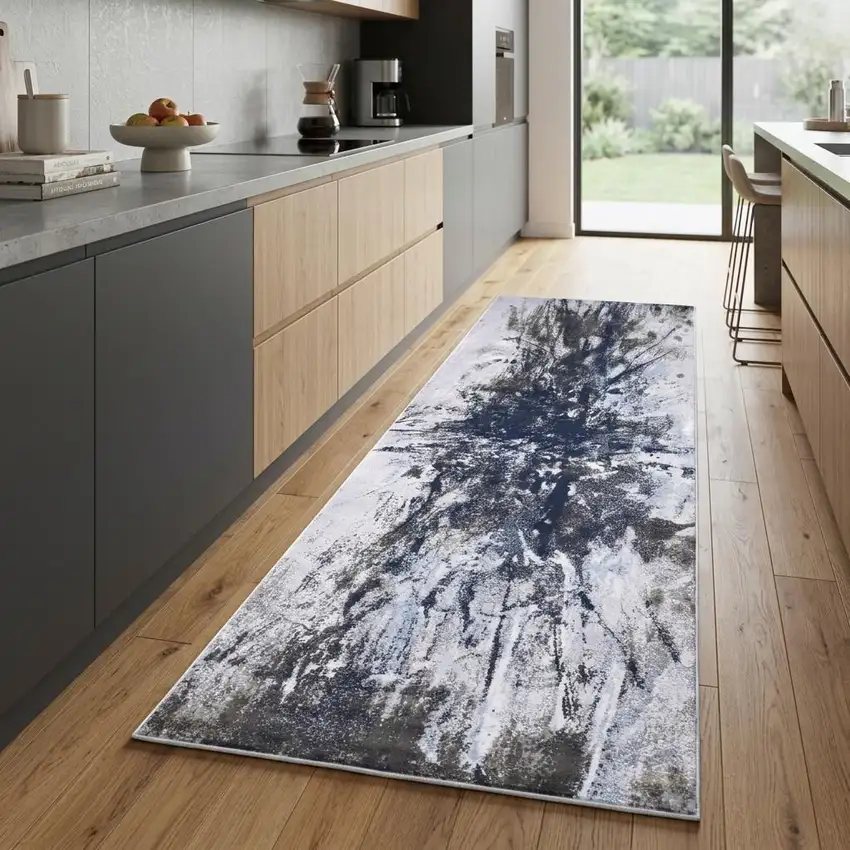 8' Blue Gray And White Abstract Stain Resistant Runner Rug Photo 1
