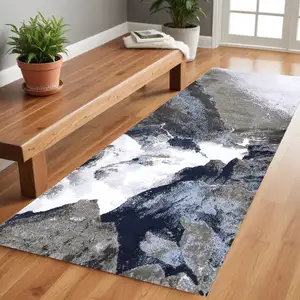 Photo of 8' Blue Gray And White Abstract Stain Resistant Runner Rug