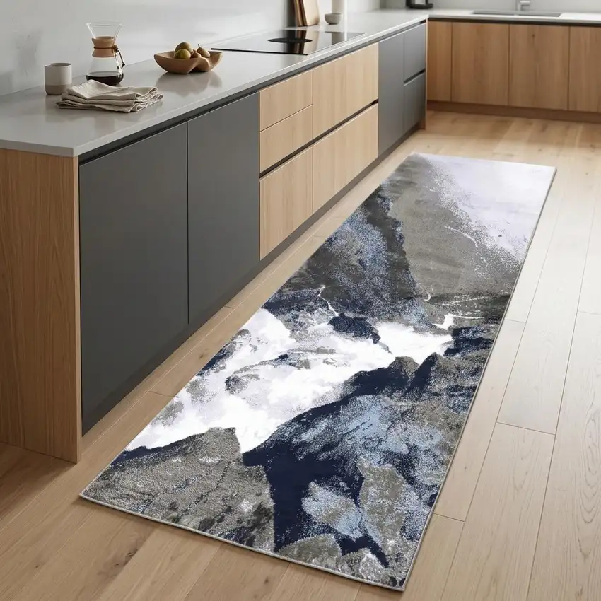 8' Blue Gray And White Abstract Runner Rug Photo 1