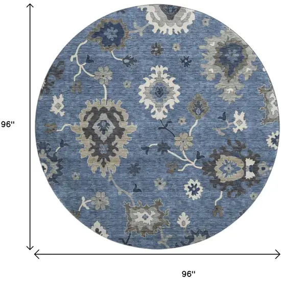 8' Blue Gray And White Floral Medallion Washable Round Rug With UV Protection Photo 9