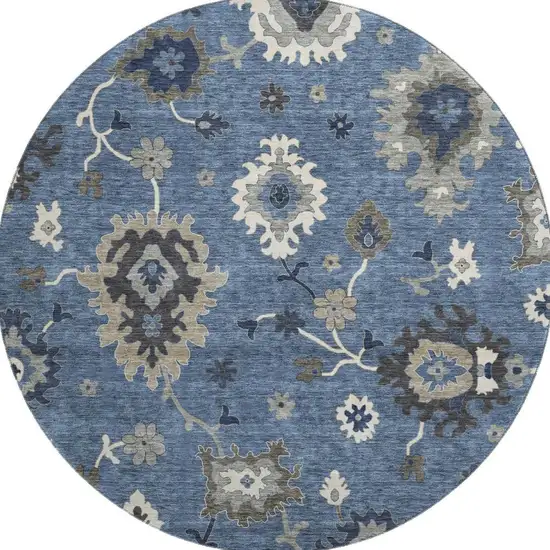 8' Blue Gray And White Floral Medallion Washable Round Rug With UV Protection Photo 3