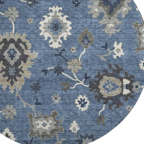 8' Blue Gray And White Floral Medallion Washable Round Rug With UV Protection Photo 2
