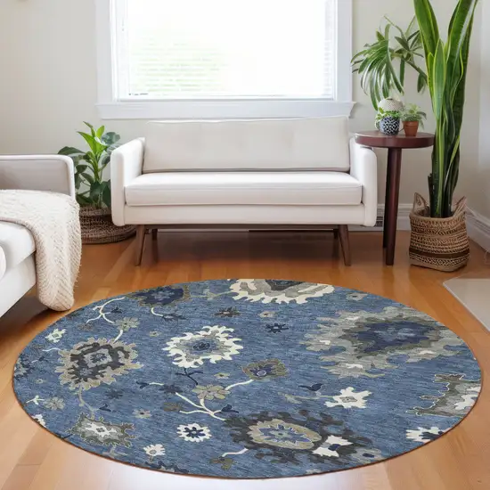 8' Blue Gray And White Floral Medallion Washable Round Rug With UV Protection Photo 4