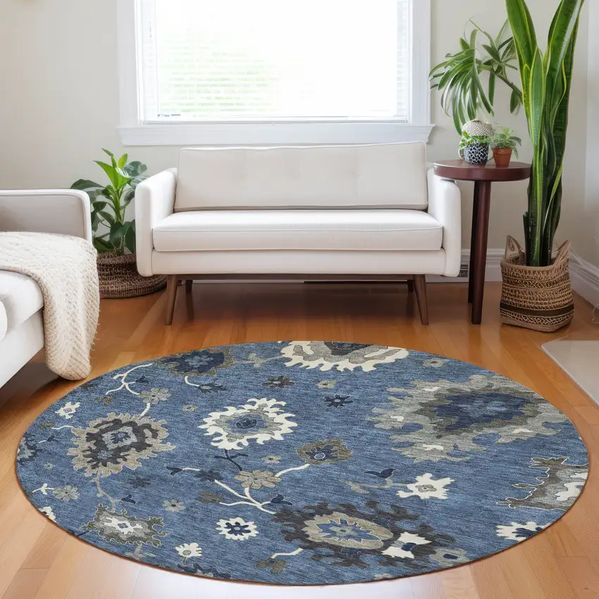 8' Blue Gray And White Floral Medallion Washable Round Rug With UV Protection Photo 4