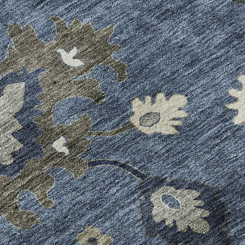 8' Blue Gray And White Floral Medallion Washable Round Rug With UV Protection Photo 8