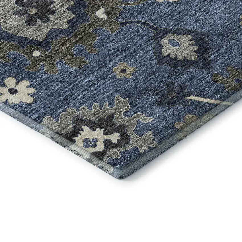 8' Blue Gray And White Floral Medallion Washable Round Rug With UV Protection Photo 6