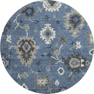 Photo of 8' Blue Gray And White Floral Medallion Washable Round Rug With UV Protection