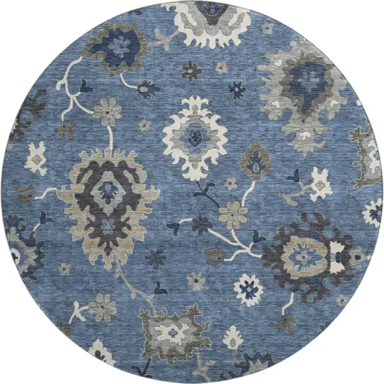 8' Blue Gray And White Floral Medallion Washable Round Rug With UV Protection Photo 1