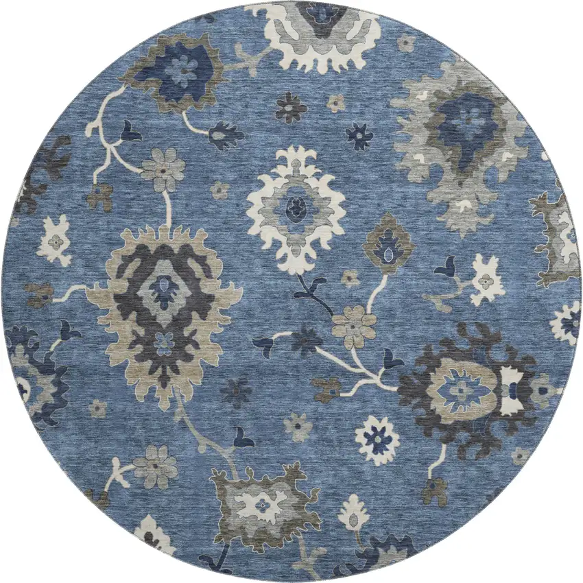 8' Blue Gray And White Floral Medallion Washable Round Rug With UV Protection Photo 1