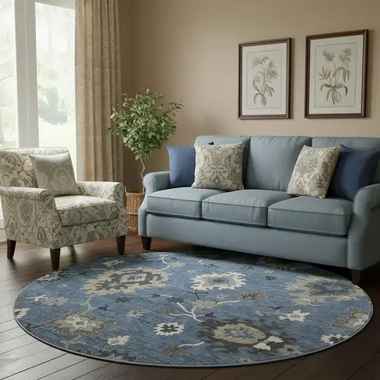 8' Blue Gray And White Floral Medallion Washable Round Rug With UV Protection Photo 1