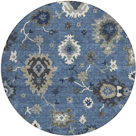 8' Blue Gray And White Round Floral Washable Indoor Outdoor Area Rug Photo 1