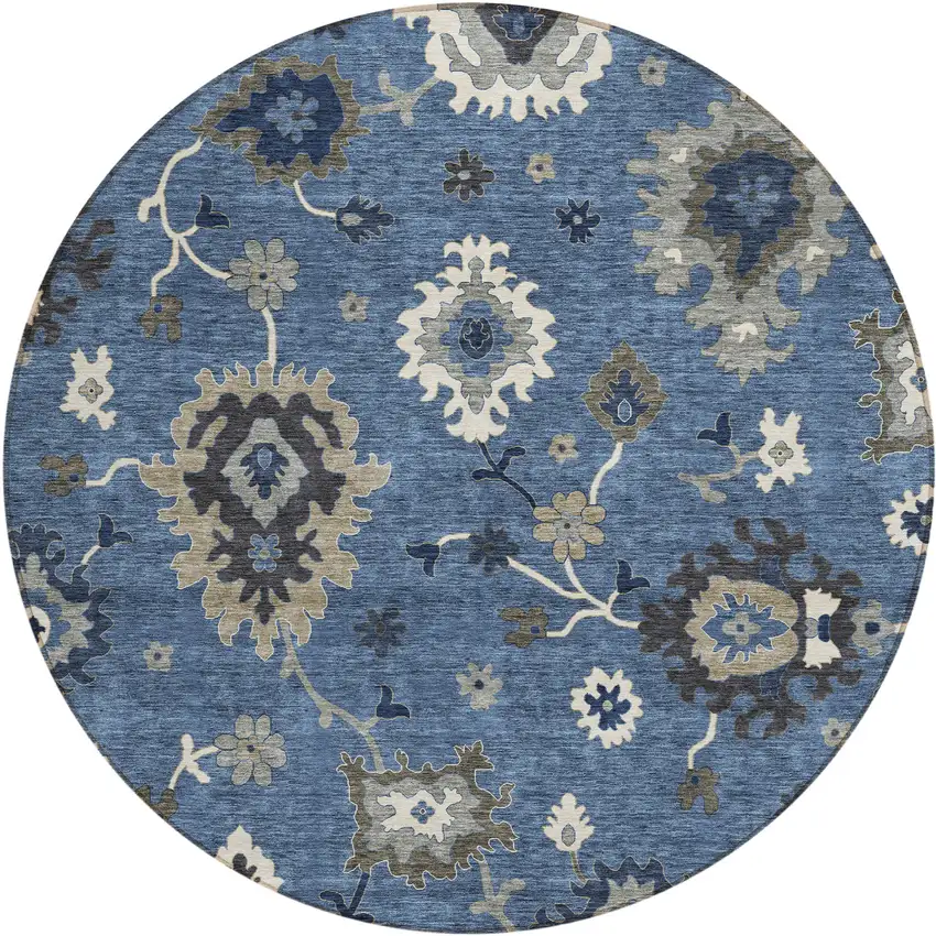 8' Blue Gray And White Round Floral Washable Indoor Outdoor Area Rug Photo 1
