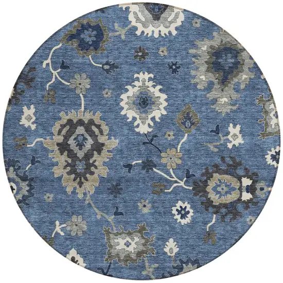 8' Blue Gray And White Round Floral Washable Indoor Outdoor Area Rug Photo 5