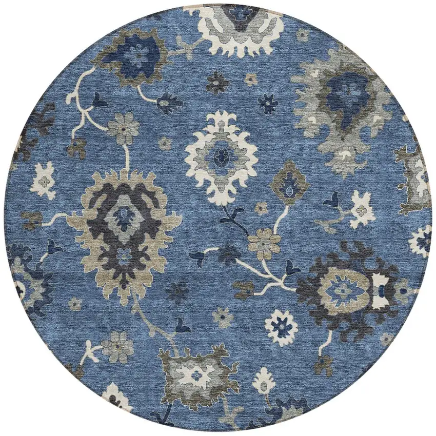 8' Blue Gray And White Round Floral Washable Indoor Outdoor Area Rug Photo 5