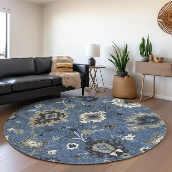 8' Blue Gray And White Round Floral Washable Indoor Outdoor Area Rug Photo 8