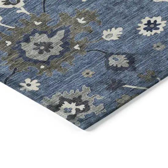 8' Blue Gray And White Round Floral Washable Indoor Outdoor Area Rug Photo 3