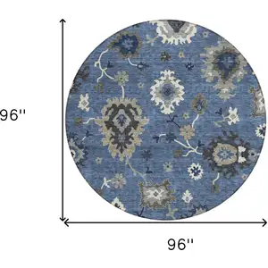 Photo of 8' Blue Gray And White Round Floral Washable Indoor Outdoor Area Rug