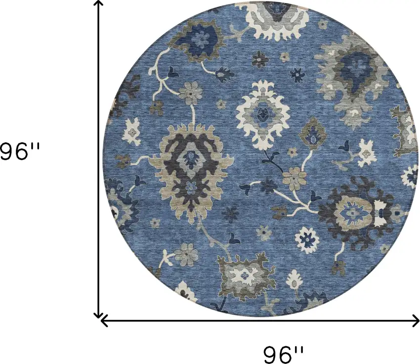 8' Blue Gray And White Round Floral Washable Indoor Outdoor Area Rug Photo 9