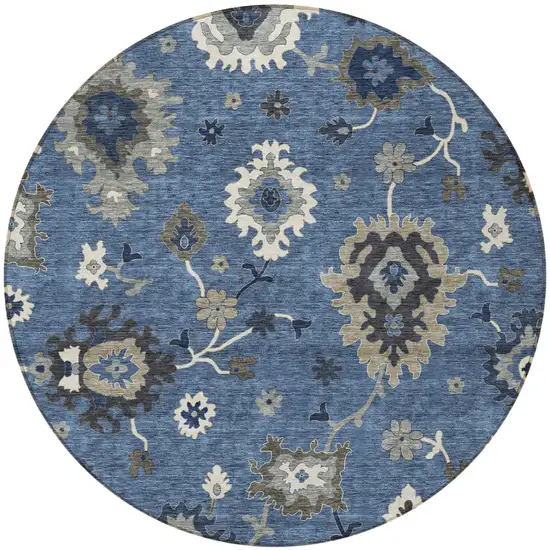 8' Blue Gray And White Round Floral Washable Indoor Outdoor Area Rug Photo 6