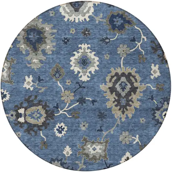 8' Blue Gray And White Round Floral Washable Indoor Outdoor Area Rug Photo 6