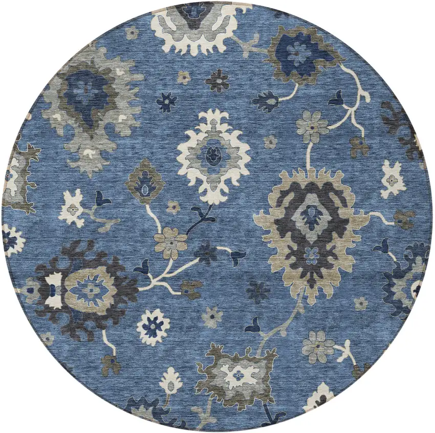 8' Blue Gray And White Round Floral Washable Indoor Outdoor Area Rug Photo 6