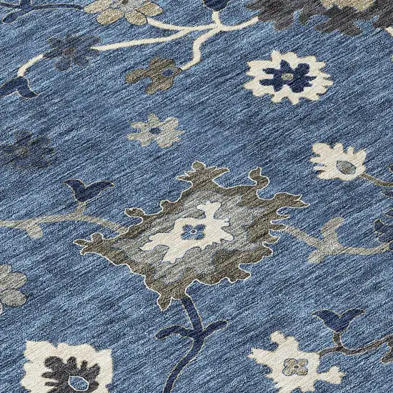 8' Blue Gray And White Round Floral Washable Indoor Outdoor Area Rug Photo 4