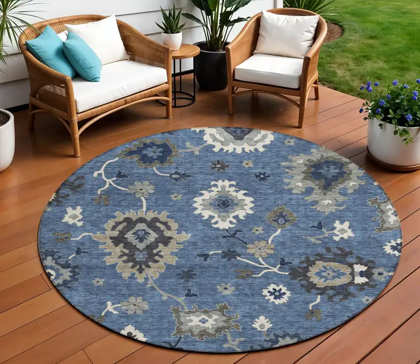 8' Blue Gray And White Round Floral Washable Indoor Outdoor Area Rug Photo 1