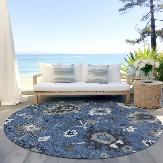 8' Blue Gray And White Round Floral Washable Indoor Outdoor Area Rug Photo 7
