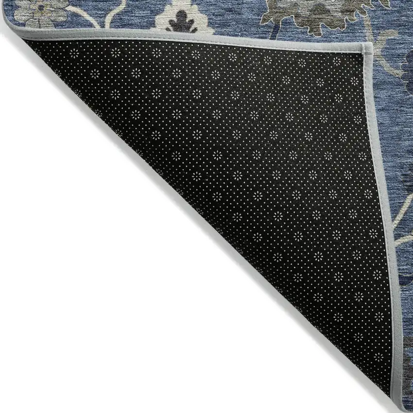 8' Blue Gray And White Round Floral Washable Indoor Outdoor Area Rug Photo 2