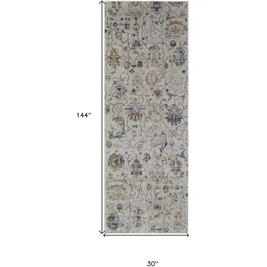 12' Blue Gray and Brown Floral Power Loom Worn Faded Runner Rug With Fringe Photo 3