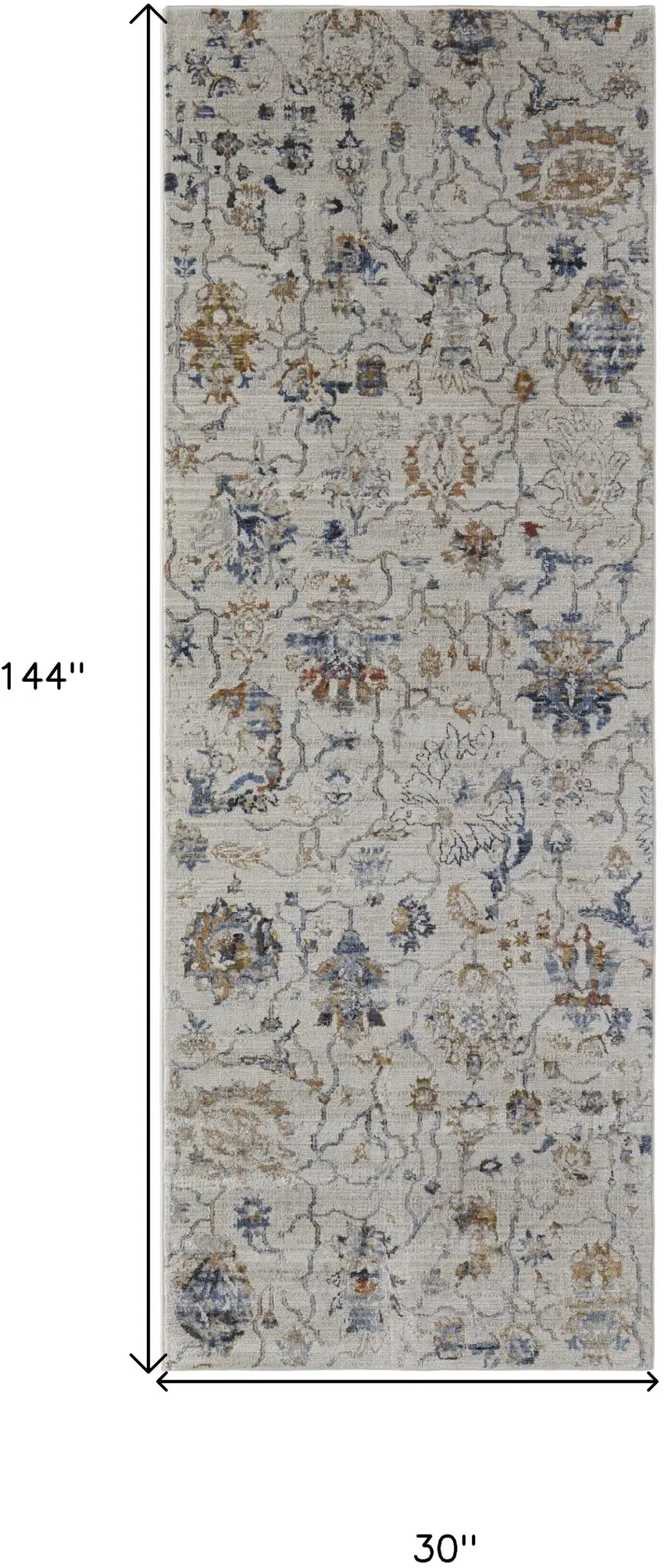 12' Blue Gray and Brown Floral Power Loom Worn Faded Runner Rug With Fringe Photo 3